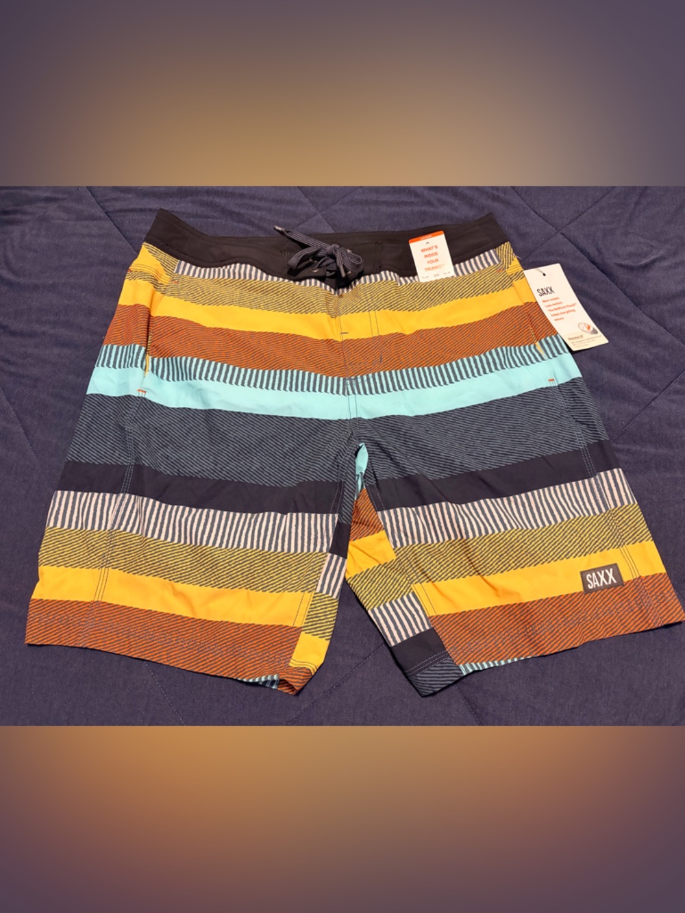 Saxx Men's Multi-Color Striped Swim Trunks - Yellow, Blue, Black, Brown